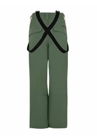 Pantaloni verdi a gamba larga con una cintura regolabile nera, tasche posteriori e zip alle caviglie per personalizzazione.