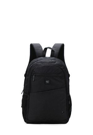 Black backpack made of durable fabric, featuring adjustable padded straps, multiple zippered compartments, and mesh side pockets.