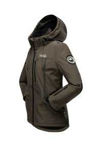 Brown hooded softshell jacket with front zipper, zippered chest and sleeve pockets, logo on chest and arm patch.