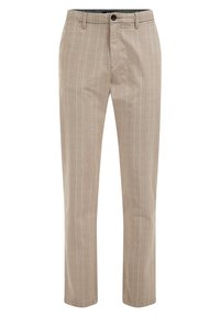 Beżowe spodnie z delikatnym wzorem w prążki, z zapięciem na guzik i prostymi nogawkami, wykonane z lekkiego materiału.