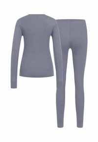 Gray long-sleeve top and matching leggings made from lightweight, smooth fabric. The top has a round neck and fitted cuffs; pants are form-fitting.