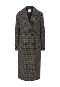 Dubbelzijdige jas in een houndstooth-patroon met zwart en beige kleuren, met een brede kraag, schoudervullingen en zwarte knopen.