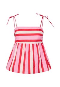 Top senza spalline con strisce verticali rosse e rosa. Spalline regolabili e orlo arricciato creano una silhouette svasata. Tessuto leggero.