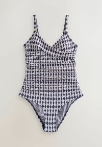 Maillot de bain une pièce avec un motif d'ovales liés bleu marine et blanc, bretelles ajustables, côtés froncés et encolure en V.