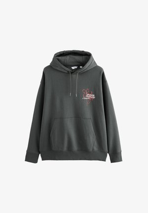 Donkergrijze hoodie met een voorvak, verstelbare trekkoordcapuchon en rode grafische tekst en bloemenontwerp op de borst. Gemaakt van sweatstof.