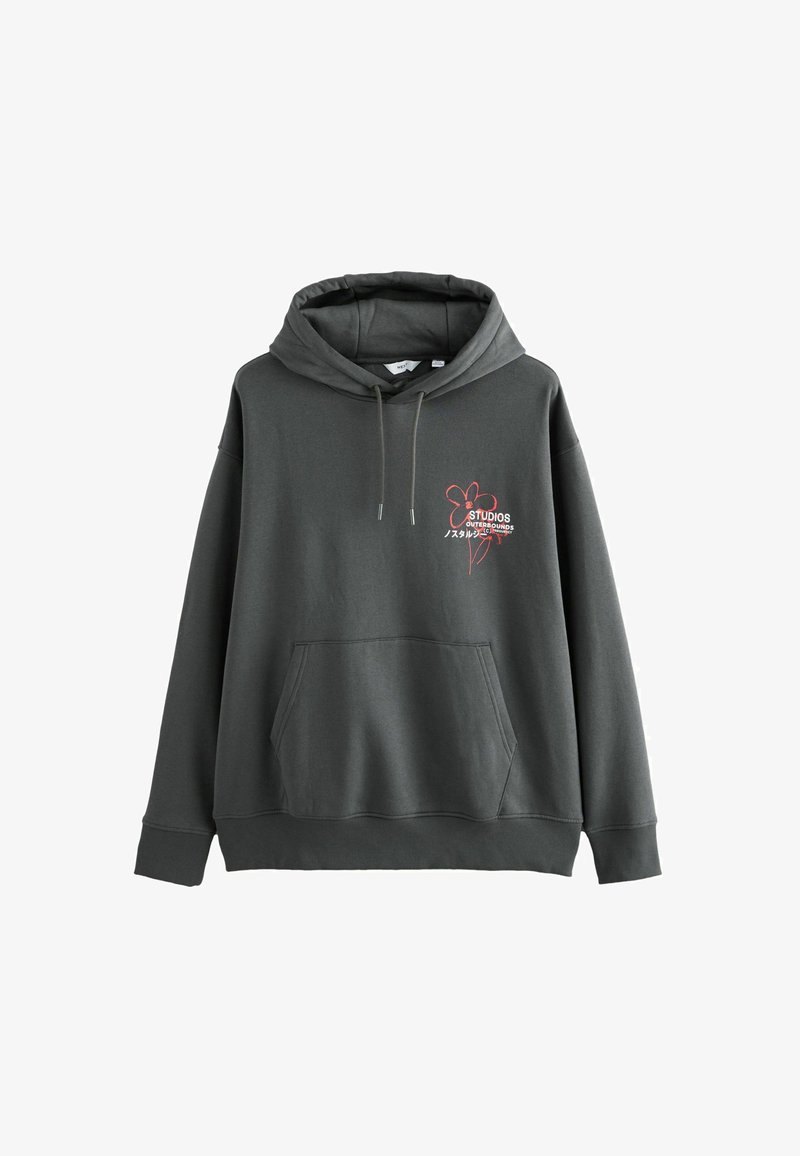 Dunkelgrauer Hoodie mit einer Fronttasche, verstellbarem Kordelzug und rotem Schriftzug sowie Blumendesign auf der Brust. Hergestellt aus Sweatshirtmaterial.