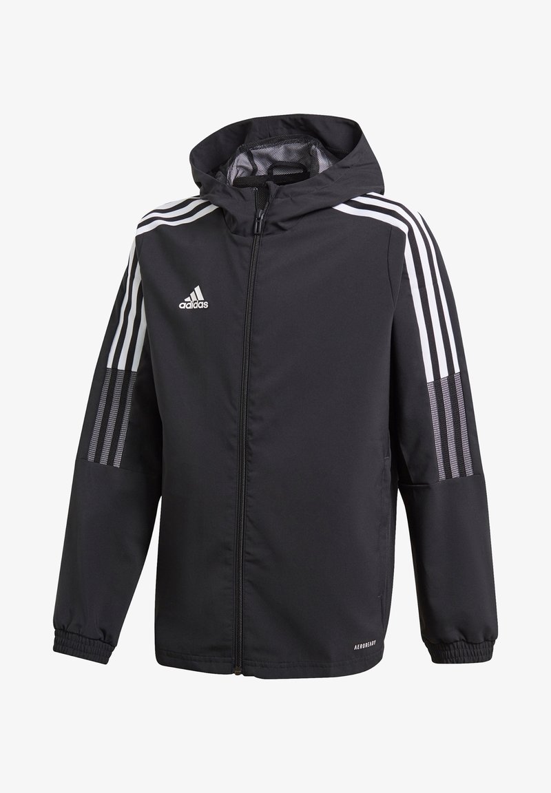 Zwarte Adidas hoodie met witte strepen op de schouders en armen, voorrits, elastische manchetten en Aeroready-logo aan de onderkant.