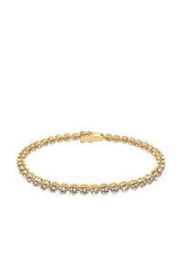 Bracciale in oro con una fila di cristalli trasparenti, forma rotonda, maglie texture e una chiusura sicura. Accenti scintillanti in tutto il bracciale.