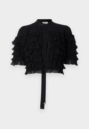 Veste noire courte avec des manches en chiffon à volants, dotée d'un col rond et d'une fermeture à nouer à l'avant avec des accents en métal doré.
