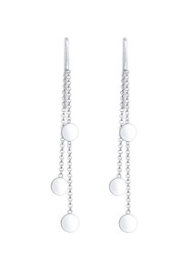 Boucles d'oreilles en argent en forme de pendant avec trois disques circulaires suspendus par des chaînes. Surface lisse et réfléchissante ; design minimaliste ; fermoir en crochet.