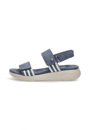 Sandal de cuero azul con diseño de dos correas, una ajustable. Presenta rayas blancas en la parte delantera, suela acolchada y suela texturizada.