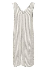 Vestido sin mangas a rayas en crema claro con líneas verticales gris oscuro, con un diseño de escote en V y un ajuste holgado. Textura suave.