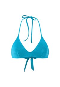 Zila spīdīga haltera bikini augšdaļa ar trīsstūrveida kausiem un saitēm ap kaklu un aizmugurē uz baltā fona.