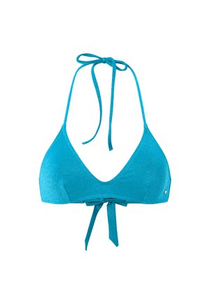 Sinine sädelev halter bikiinitop, millel on kolmnurkse kujuga tassid ja sidemed kaela ja selja taga, valgel taustal.