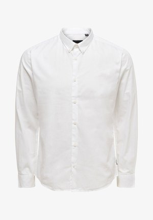Witte lange mouw knopsluiting shirt met een kraag, met een gladde textuur en zes knopen aan de voorkant. Getailleerde pasvorm met manchet mouwen.