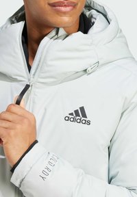 Lichtgrijze geïsoleerde jas met capuchon, voorzien van het zwarte Adidas-logo op de borst, een soepele textuur en elastische manchetten met merkdetails.