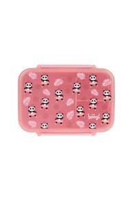 Lunch box rettangolare rosa con illustrazioni di panda e motivi a piuma, realizzato in plastica, dotato di un coperchio a scatto sicuro e logo del marchio.