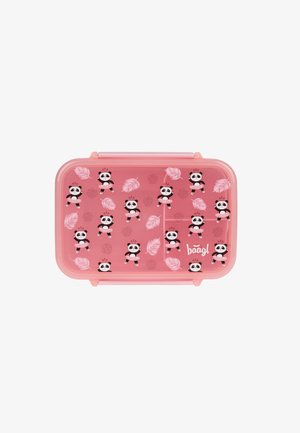 Lunch box rettangolare rosa con illustrazioni di panda e motivi a piuma, realizzato in plastica, dotato di un coperchio a scatto sicuro e logo del marchio.