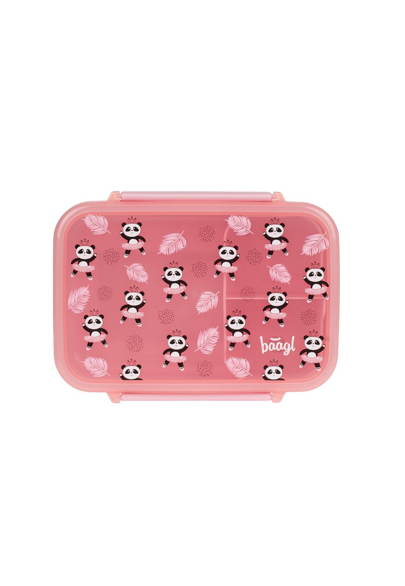 Lunch box rettangolare rosa con illustrazioni di panda e motivi a piuma, realizzato in plastica, dotato di un coperchio a scatto sicuro e logo del marchio.