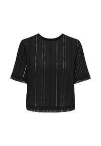 Blouse noire à manches courtes avec des rayures verticales en dentelle et des détails ajourés sur les manches et l'ourlet, col rond et coupe décontractée.