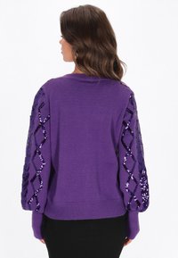 Fioletowy sweter z długimi rękawami ozdobionymi wyszywanymi diamentowymi wzorami. Wykonany z miękkiej dzianiny, o luźnym kroju, z ściągaczem u dołu i przy dekolcie.