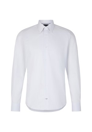 Weißes Langarm-Hemd mit Knopfleiste und dezentem Muster, Standardkragen und einer auf der linken Seite platzierten Brusttasche. Strukturierter Stoff.
