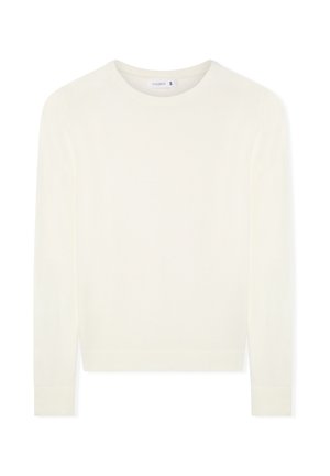 Fresco maglione di crema, scollo rotondo, maniche lunghe, polsini e orlo a coste, texture morbida, design minimalista. Etichetta della taglia piccola visibile.