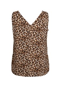 Bezramkowy top w leoparda, z dekoltem w serek, wykonany z miękkiego materiału o lekkiej teksturze. Kolory to beżowy, brązowy i czarny.