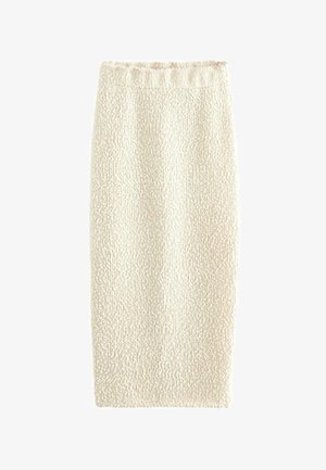 Sukienka ołówkowa dzianinowa w kolorze kremowym, z teksturowaną powierzchnią, elastycznym pasem i dopasowanym krojem, zaprojektowana z myślą o smukłym wyglądzie.