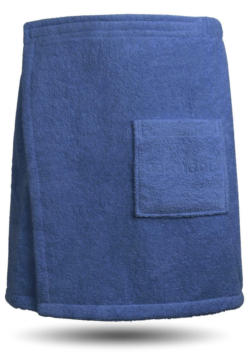 Blaues Handtuch-Wickel mit einer weichen, strukturierten Oberfläche. Verfügt über eine aufgenähte Taschenfront und einen gesäumten unteren Rand.