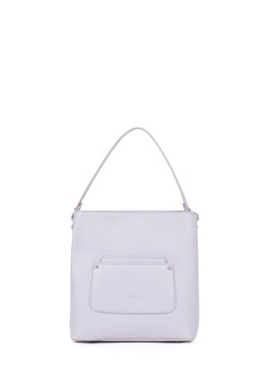 Sac à main carré lavande avec une poignée unique et une poche extérieure avant, fabriqué en matériau texturé.