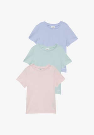 Tri jednobojne majice kratkih rukava s okruglim izrezom, složene u pastelnim nijansama ružičaste, mente i lavande.