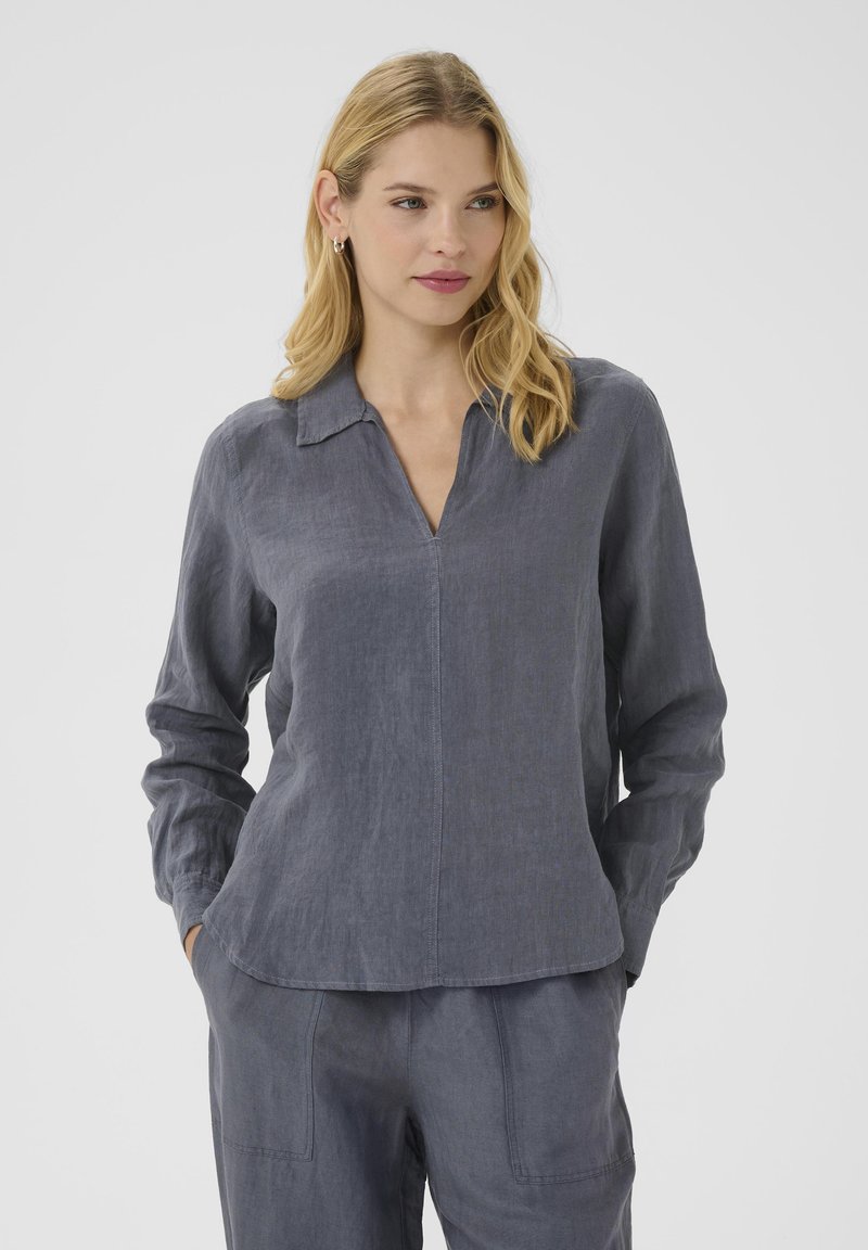Grijze linnen blouse met een kraag, lange mouwen, een V-hals, voornaaddetail en een relaxte pasvorm. Soepele textuur en casual ontwerp.