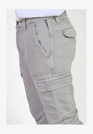 Pantalons cargo gris clair en mélange de coton, dotés de poches latérales, de coutures renforcées et d'une coupe confortable. Détail de fermeture éclair à l'avant visible.