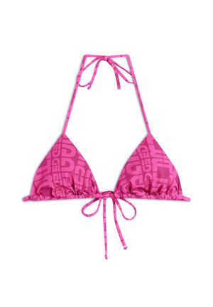Vaaleanpunainen kolmion muotoinen bikinitoppi, jossa on hienovarainen logokuvio, säädettävät nauhat kaulassa ja selässä sekä röyhelö reunassa.