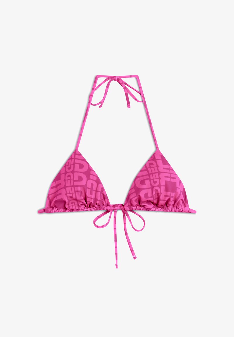 Pink triangle bikini top with a subtle logo pattern, adjustable ties at neck and back, and a ruffled edge along the bottom.
