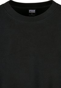 Sort ribbet crewneck sweatshirt lavet af blødt stof, med et mærke der viser "Urban Classics" branding. Medium størrelse.