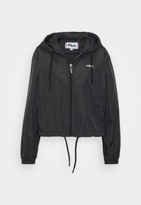 Svart kort jacka med huva, tillverkad av lätt material, med dragkedja fram, justerbara snoddar och en liten logotyp på bröstet.