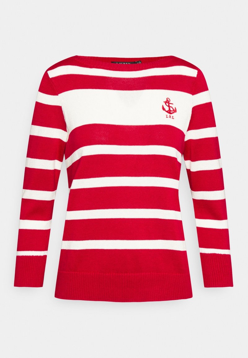 Pull à manches longues rayé rouge et blanc avec col rond et petit logo d'ancre rouge sur la poitrine gauche.