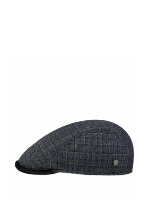 Dark gray flat cap with a subtle plaid pattern and a small round metal emblem on the side, set against a white background.