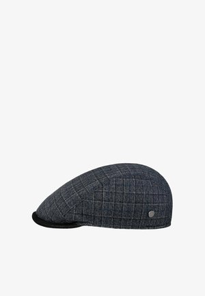 Dark gray flat cap with a subtle plaid pattern and a small round metal emblem on the side, set against a white background.