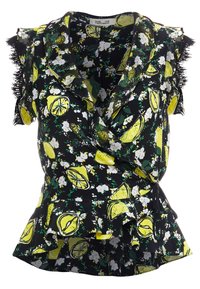 Svart wrap-top med gul citron- och blommönster. Har volangt armringar, rynkad nederkant och knytning. Tillverkad av lättviktsmaterial.