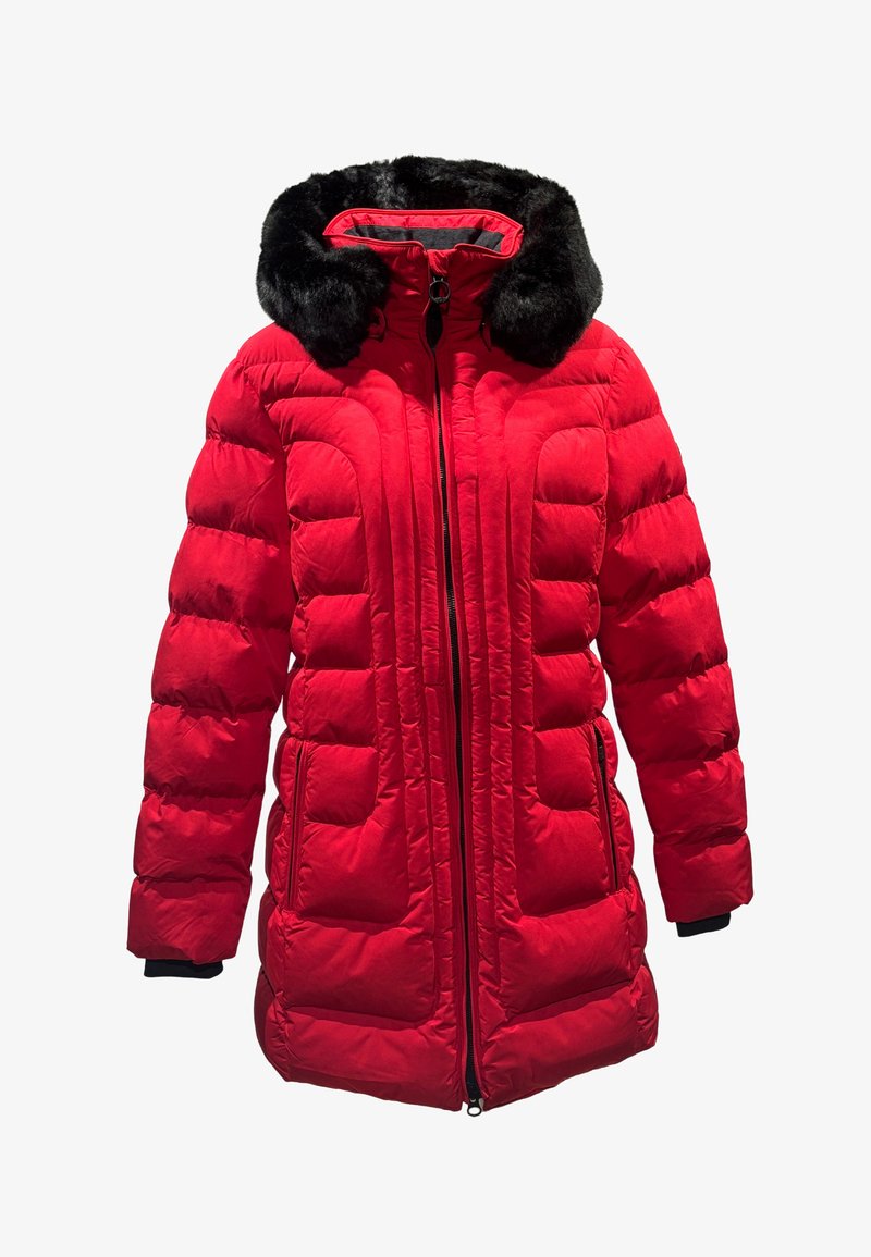 Red padded jacket with a faux fur hood, front zip closure, and side pockets. Features a quilted design with black accents at the collar.