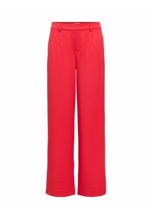 Rdeče široke hlače iz gladkega blaga z običajnim pasom in dvema sprednjima žepoma. Čist in preprost dizajn brez vzorcev.