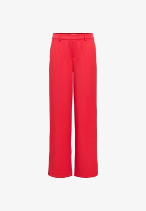Rdeče široke hlače iz gladkega blaga z običajnim pasom in dvema sprednjima žepoma. Čist in preprost dizajn brez vzorcev.