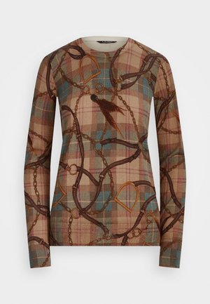 Langärmliger Pullover mit einem karierten Muster in Braun, Blau und Pink, verziert mit Illustrationen von braunen und goldenen Ketten und Accessoires.