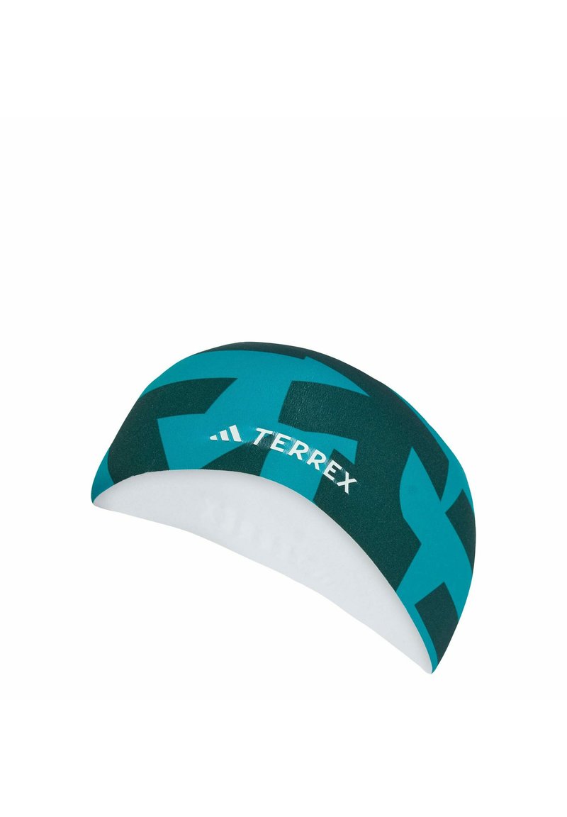 Fascia per capelli turchese e verde scuro con una texture liscia, caratterizzata da un design a motivo e dal logo bianco "TERREX" sul davanti.