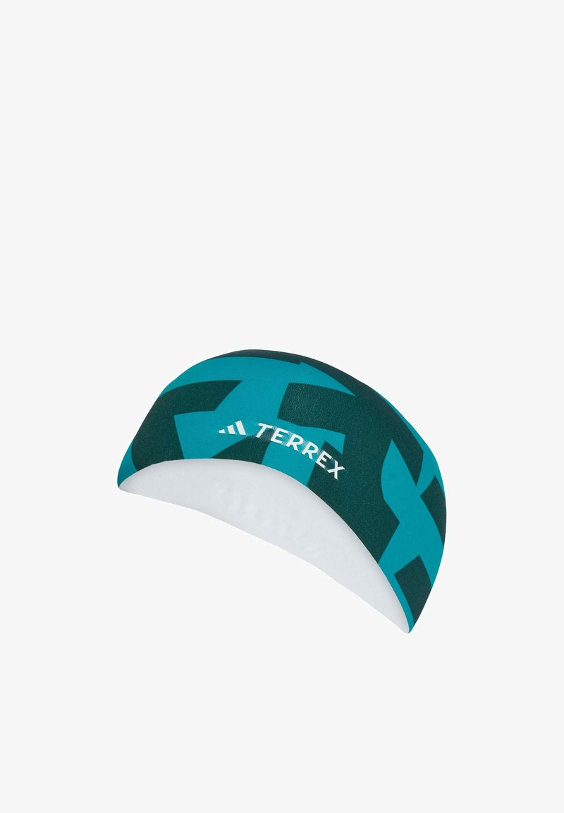 Un bandeau turquoise et vert foncé avec une texture lisse, arborant un design à motifs et le logo "TERREX" en blanc à l'avant.