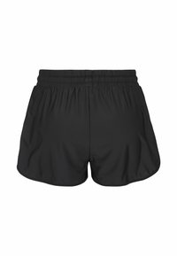 Svarta sportshorts med en lös passform, elastisk midja och slät yta. Har rundade fållar och inga synliga fickor eller utsmyckningar.