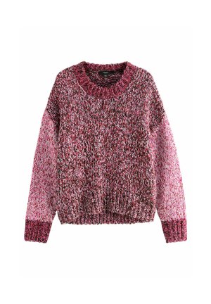 Knit sweater featuring a round neckline, long sleeves, and a mix of pink, red, and white yarn in a textured pattern. Ribbed cuffs and hem.